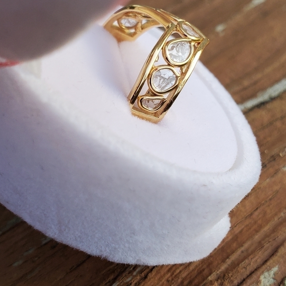 Platinum Plated Sterling Silver Polki Diamond Wishbone Ring - Picture 3 of 6
